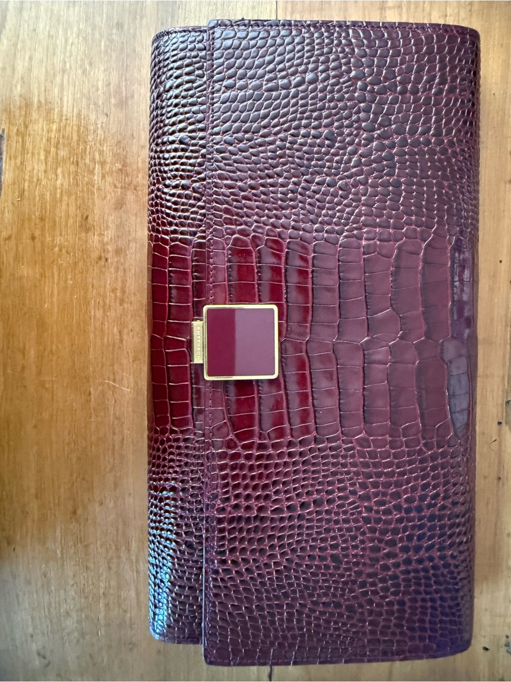 New with Box Smythson of Bond Croc-Embossed Burgundy Leather Travel Clutch